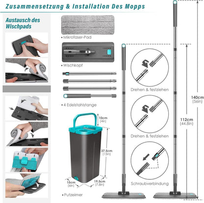 Wischmopp Set mit Eimer, Bodenwischer & 6 Mehrweg Wischpads