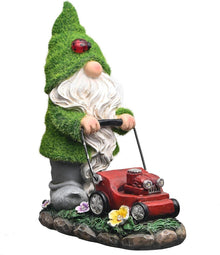 Solarbeleuchteter Gartenzwerg mit Rasenmäher aus Kunstharz