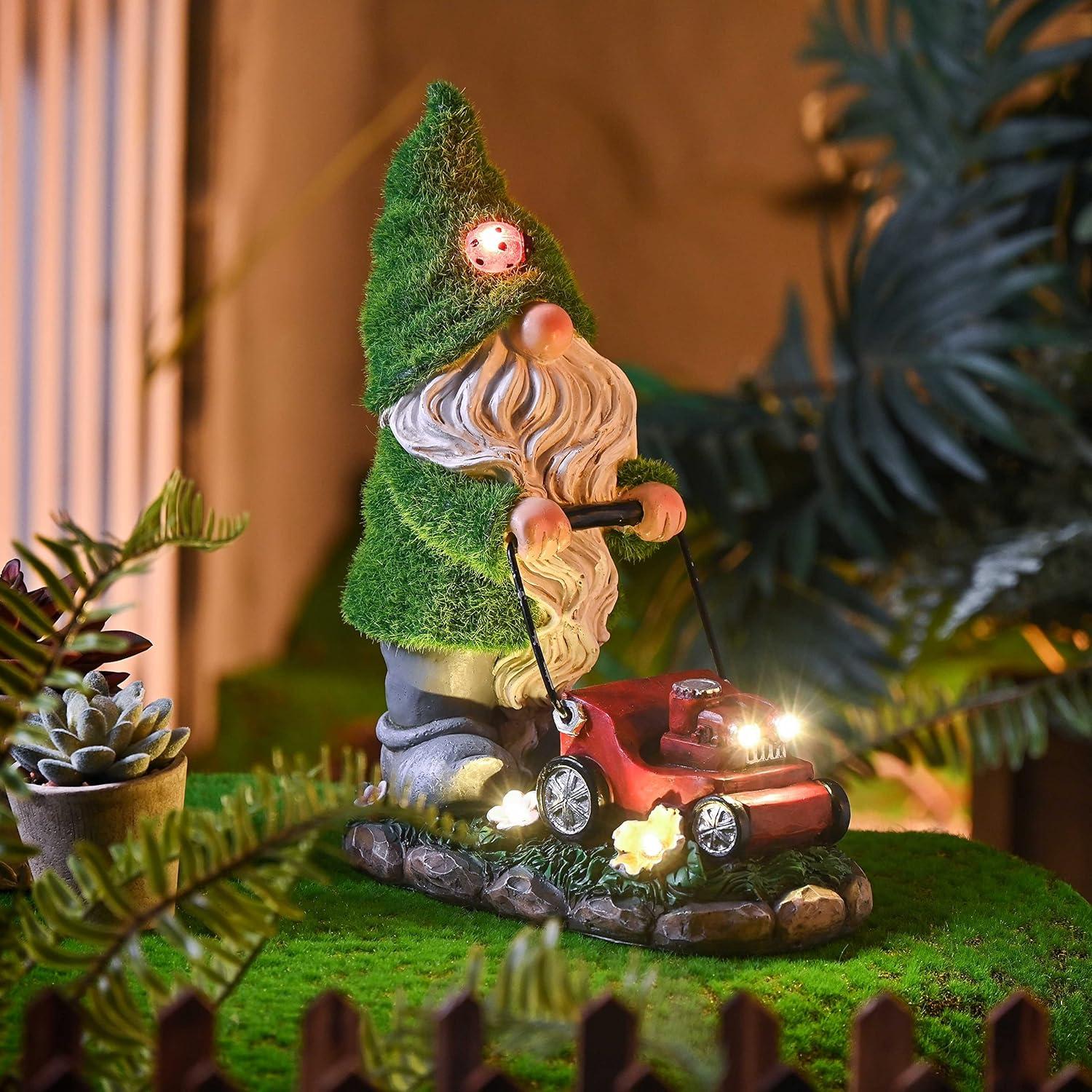 Gartendeko Gartenzwerg Solarleuchte Rasenmäher 22cm