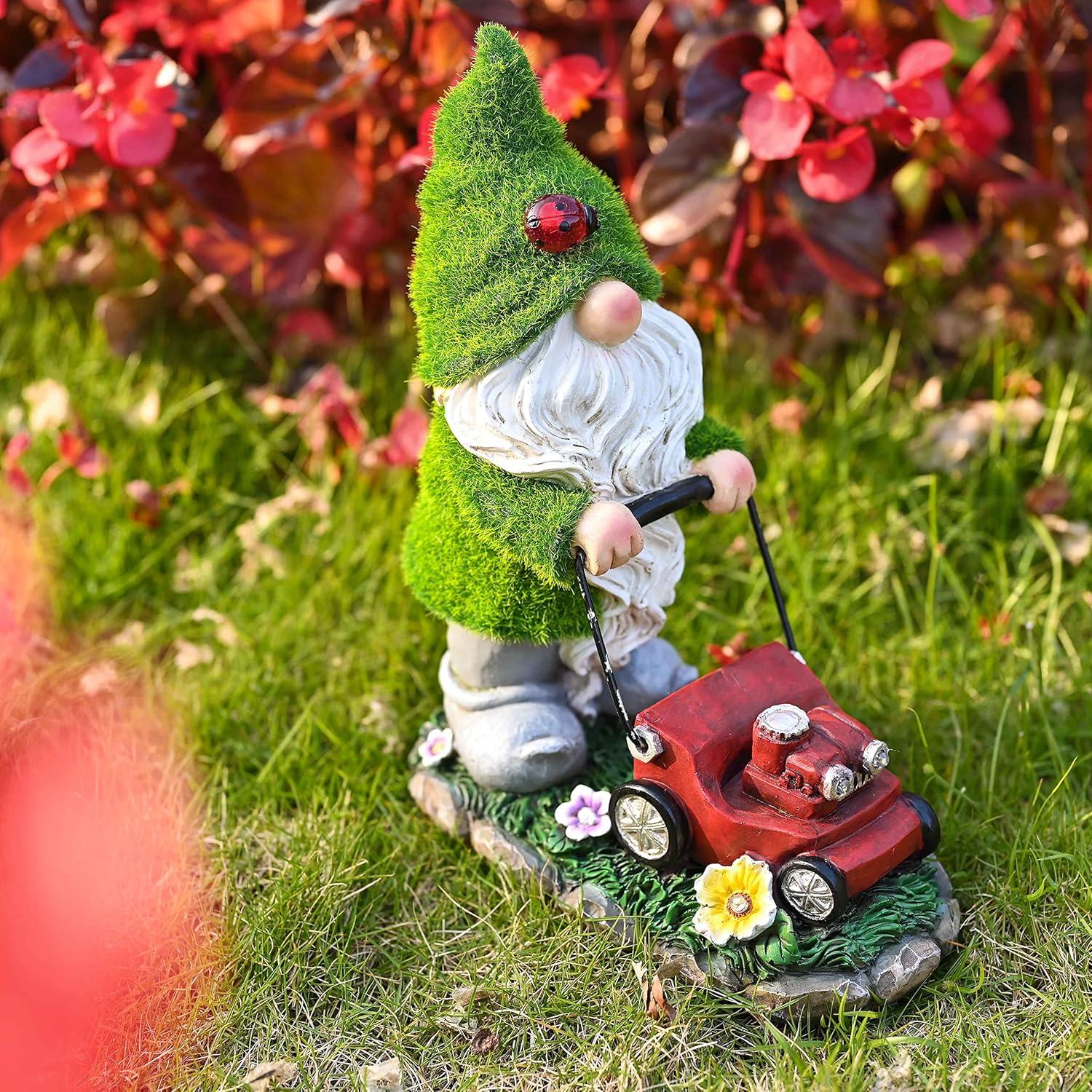 Solarbeleuchteter Gartenzwerg mit Rasenmäher aus Kunstharz