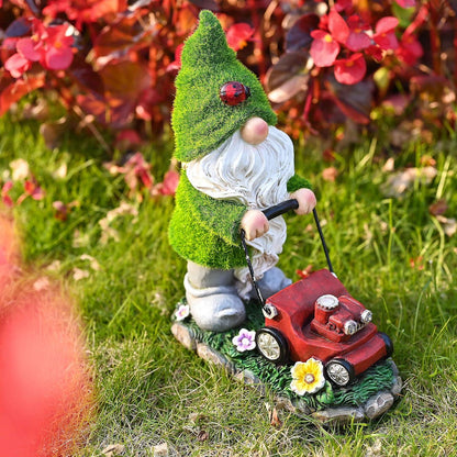 Solarbeleuchteter Gartenzwerg mit Rasenmäher aus Kunstharz