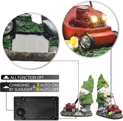 Solar Gartenzwerg mit Rasenmäher 22cm wasserfest Figur aus Kunstharz