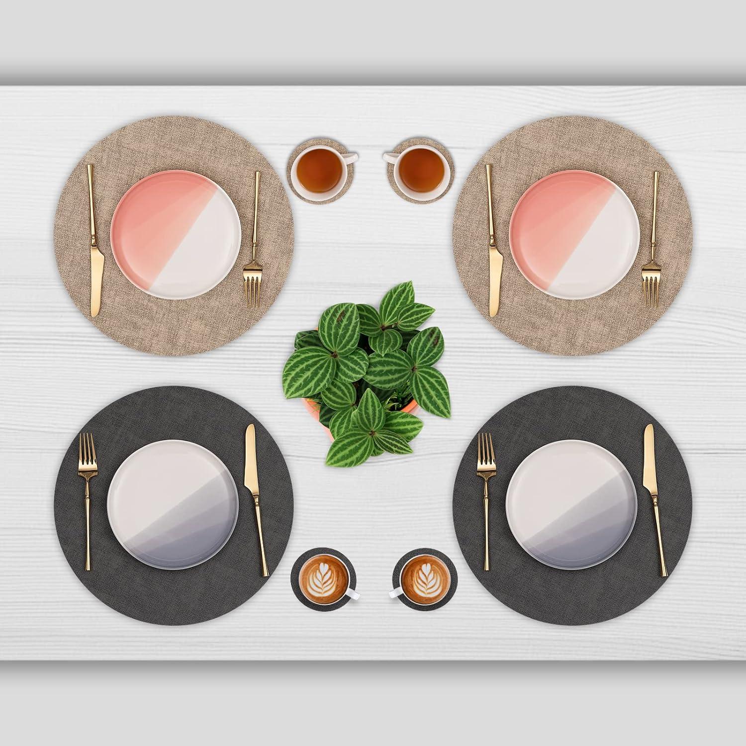 Abwaschbare Tischsets und Untersetzer Set Kunstleder Rund 36cm Grau
