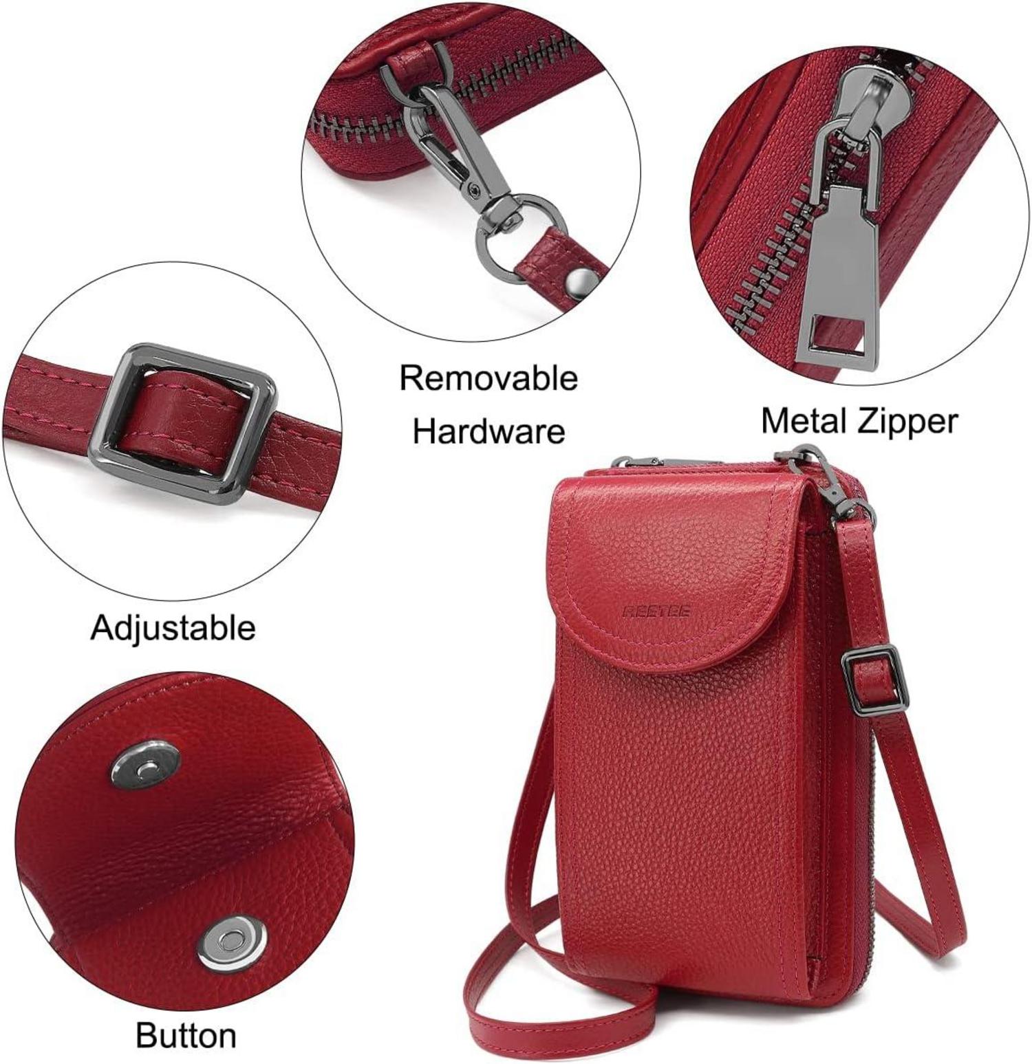 Handytasche Umhängetasche RFID Schutz Leder Crossbody Damen Geldbörse 12 Kartenfächer Rot
