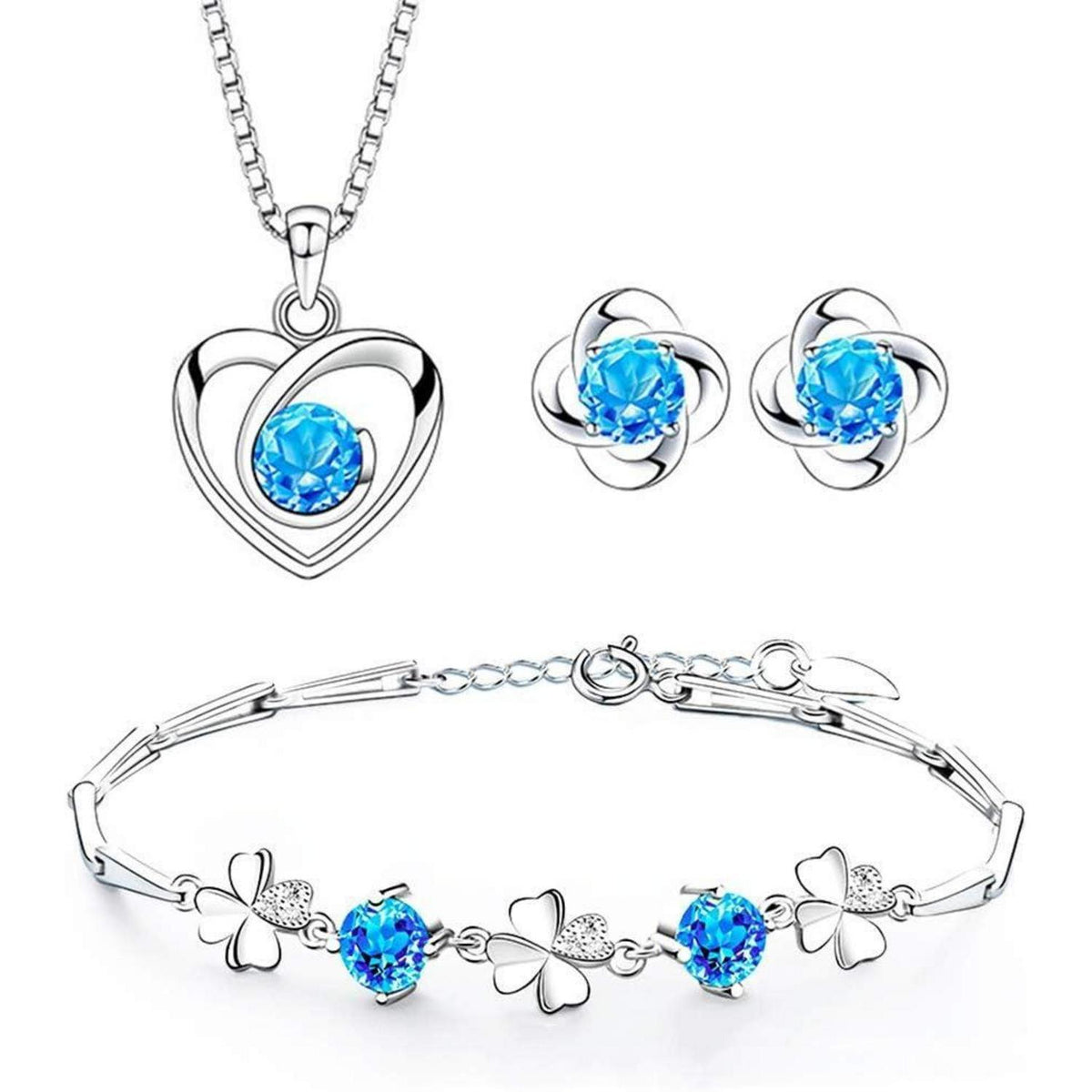 Schmuckset Damen Silber 925 mit Zirkonia, Herz Halskette & Klee Armband & Ohrstecker