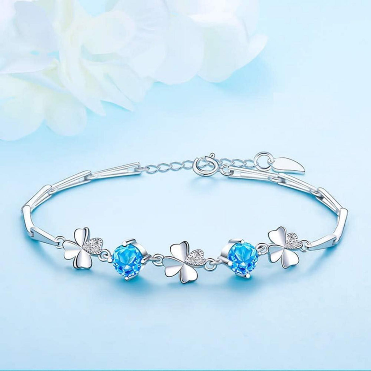 Schmuckset Damen Silber 925 mit Zirkonia, Herz Halskette & Klee Armband & Ohrstecker