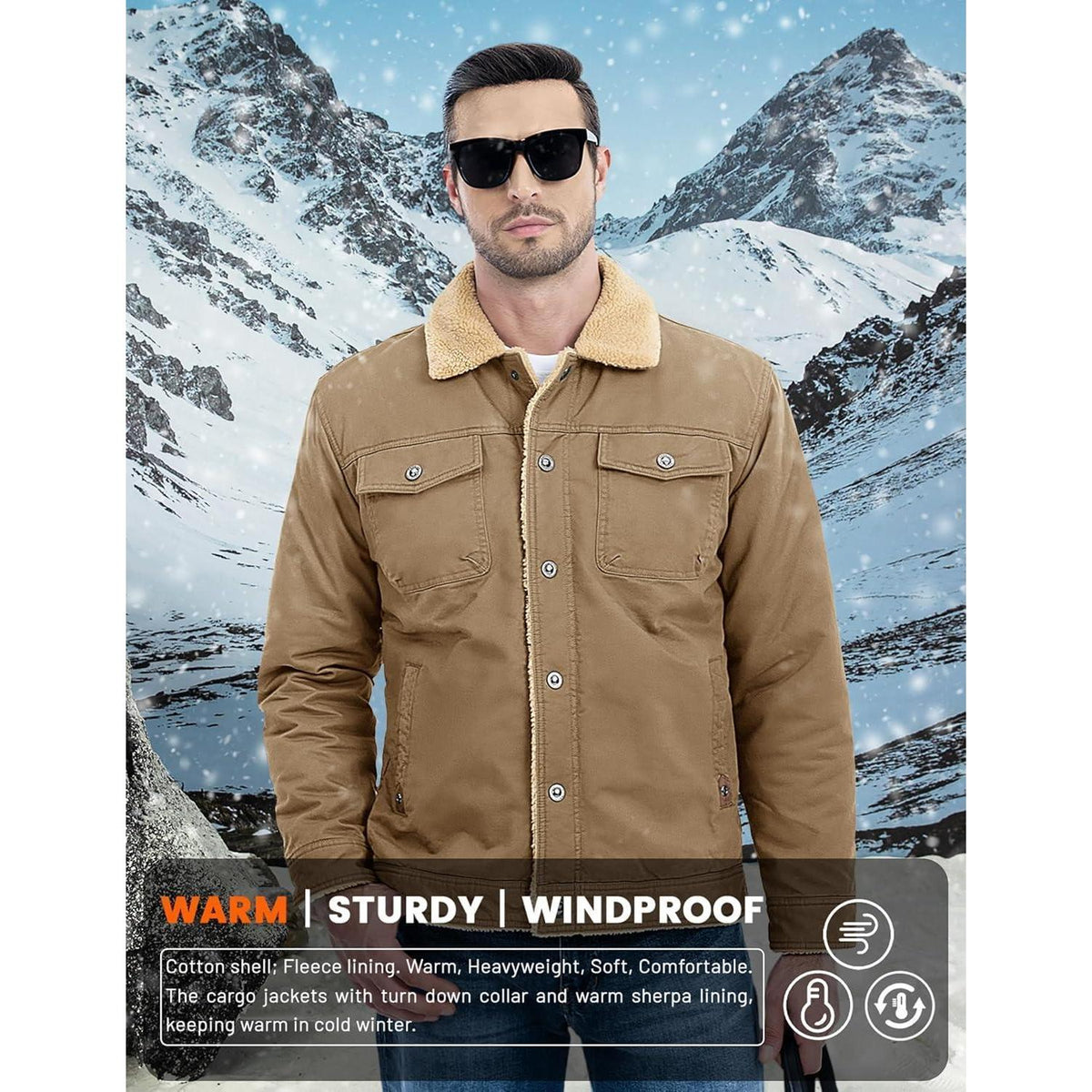 Herren Fleecejacke Winterparka mit 5 Taschen – Khaki