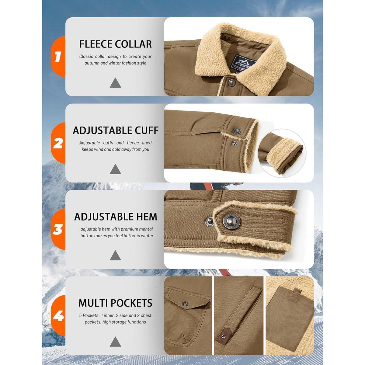 Herren Fleecejacke Winterparka mit 5 Taschen – Khaki