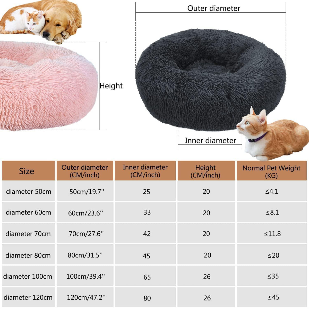 Rundes Hundebett Flauschig Donut – Bequemes Hundesofa 3XL Dunkelbraun