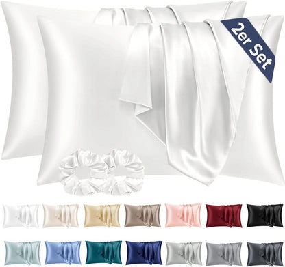 Satin Kissenbezug 40x80 Weiß Set mit Haargummis, pflegeleicht