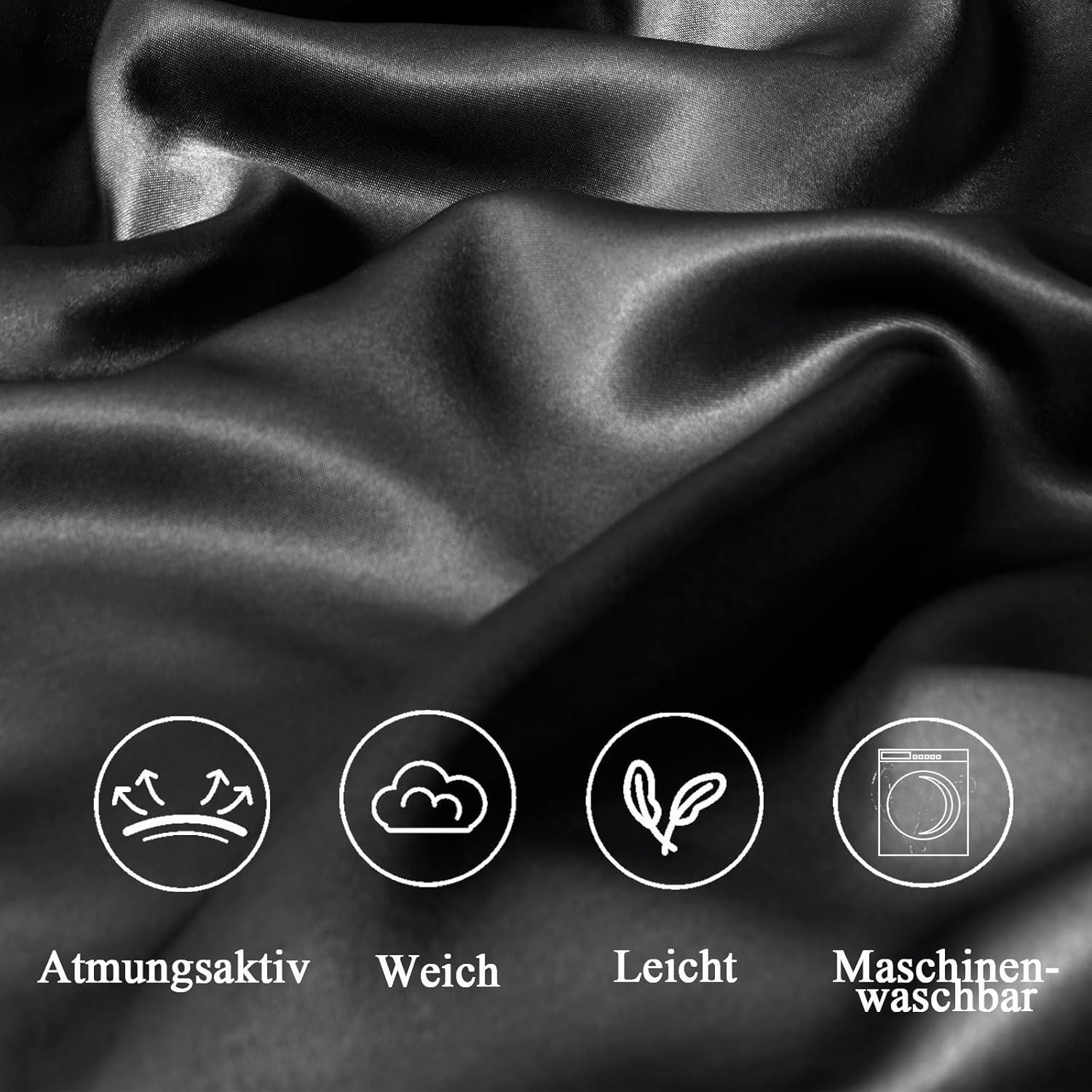 2er Set Satin Kissenbezug 80x80 Schwarz Reißverschluss Curly Haar