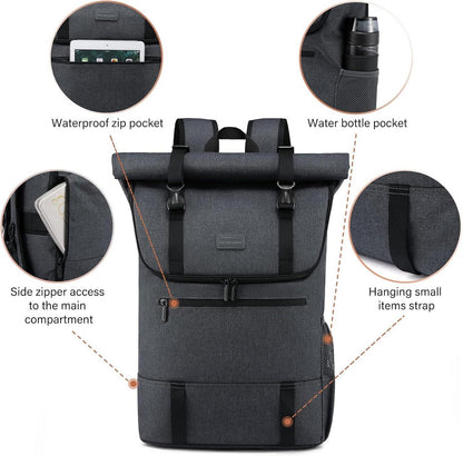 Rucksack Damen Herren 17 Zoll Laptop Wasserdicht Roll Top groß stylisch Dunkelgrau