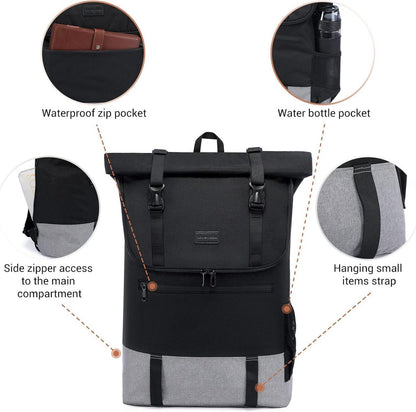 LOVEVOOK 17,3 Zoll Laptop Rucksack Rolltop Schulrucksack Wasserdicht Uni Schwarz Grau
