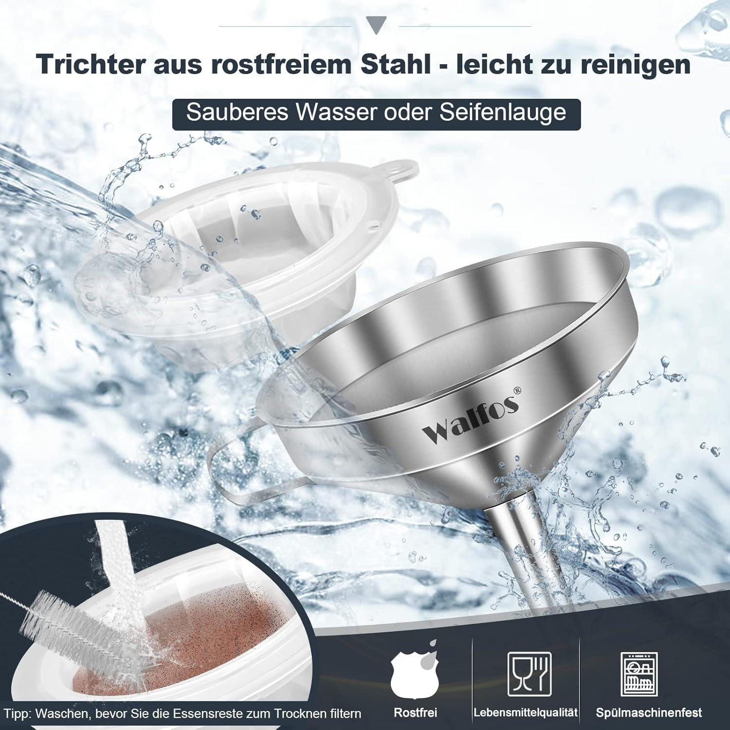 Walfos Trichter Edelstahl 13 cm mit Sieben Reinigungsbürste 200 Mesh