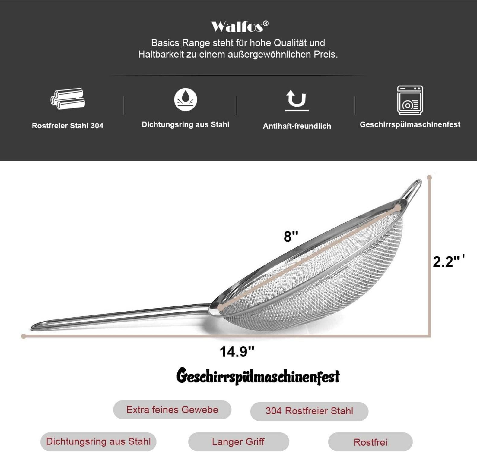 Walfos Feinmaschsieb Edelstahl mit stabilem Griff für Sieben und Abtropfen 20cm