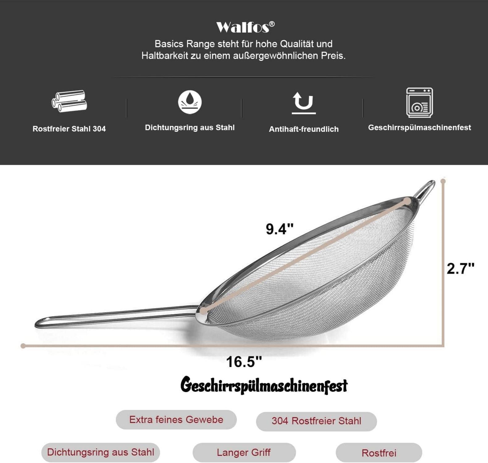 Walfos Feinmaschensieb Edelstahl 24cm robust mit langem Griff & verstärktem Rahmen