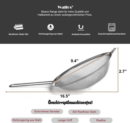 Walfos Feinmaschensieb Edelstahl 24cm robust mit langem Griff & verstärktem Rahmen