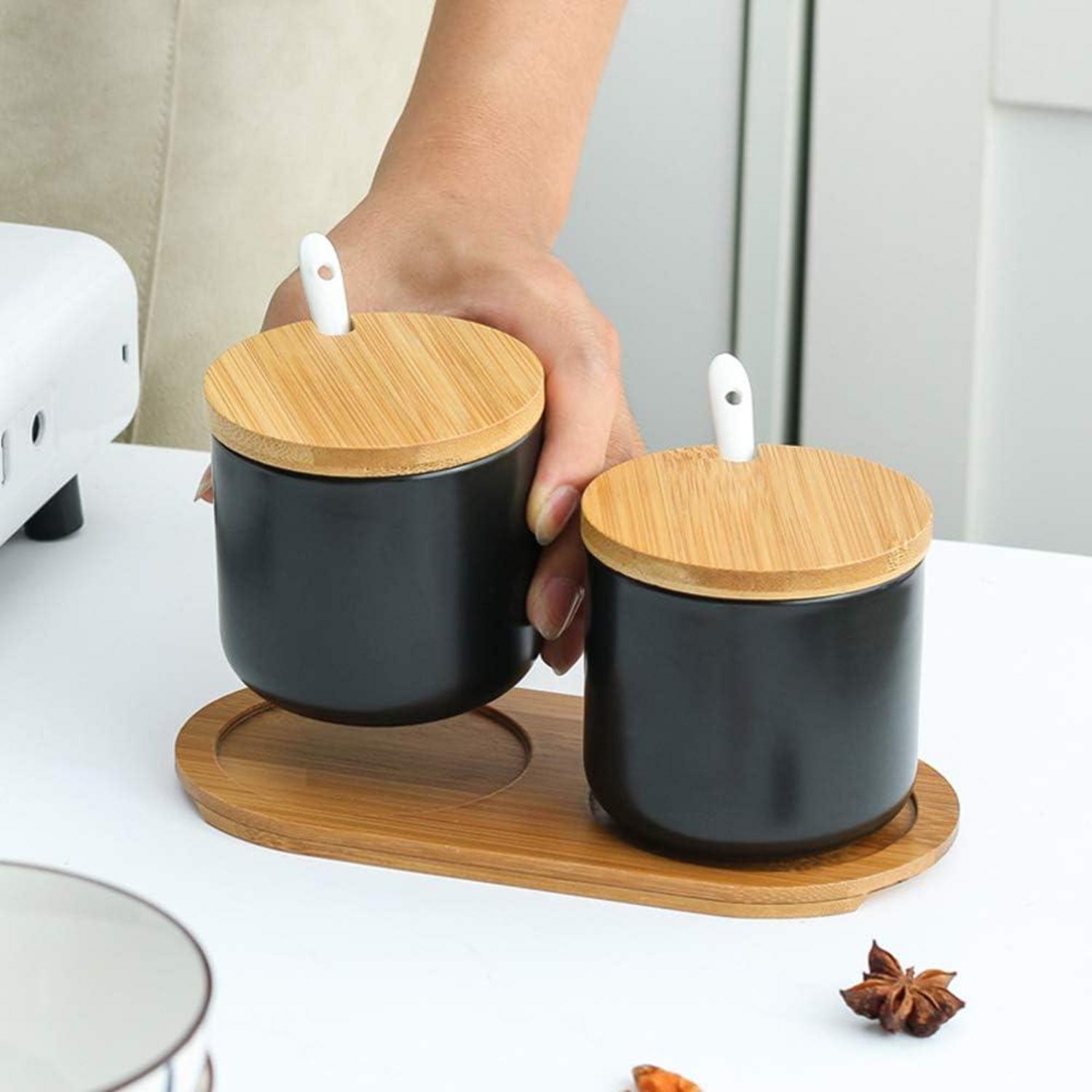 Keramik Gewürzdosen Set mit Bambus Deckel und Löffel 260ml