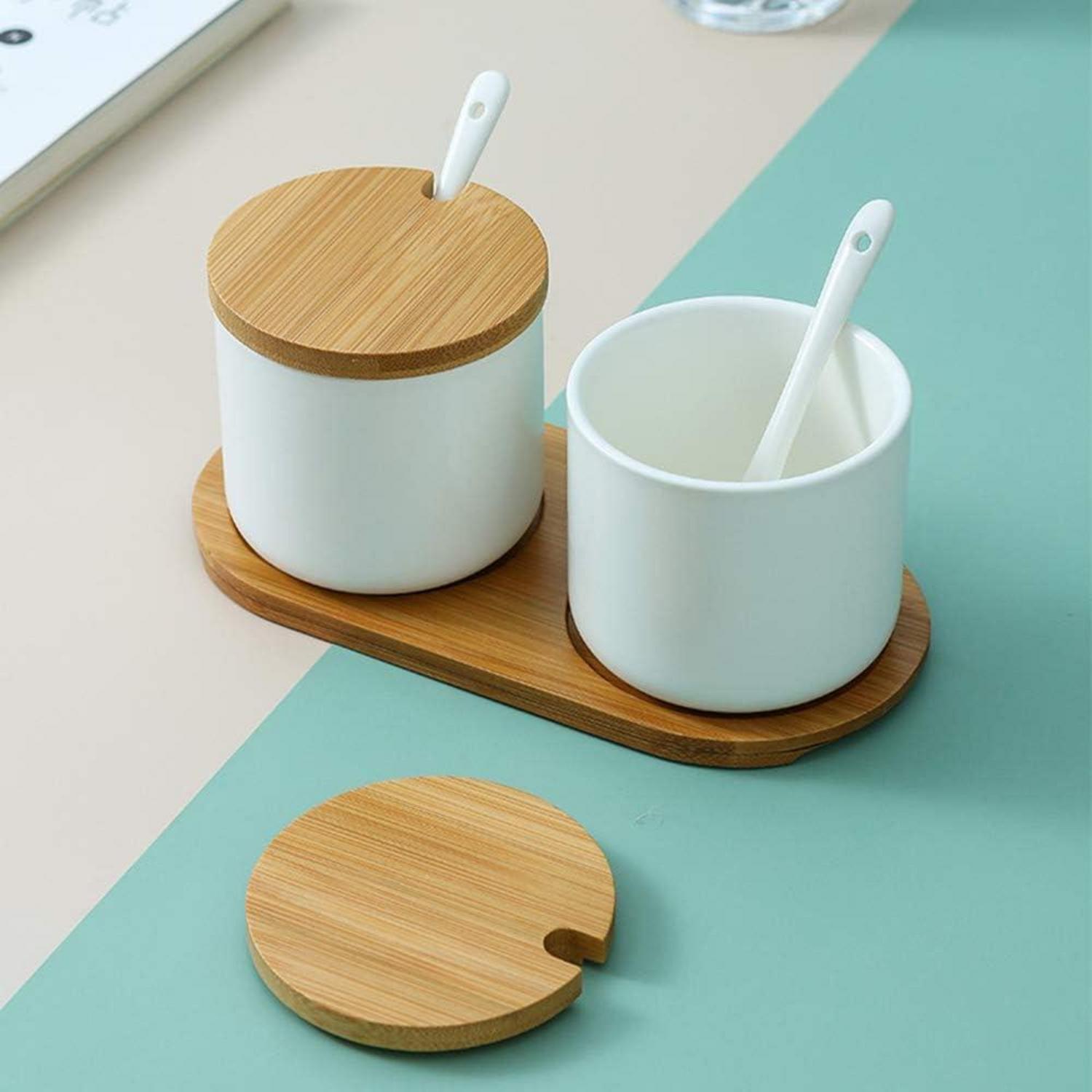 Keramik Gewürzdosen Set Salz Zuckerdose Bambus Löffel 260ml