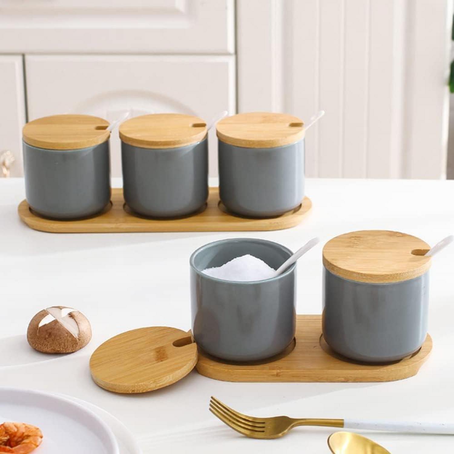 Keramik Gewürzdosen mit Bambusdeckel und Löffel 260ml - Elegantes
