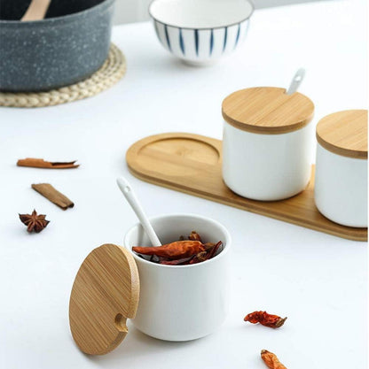 Keramik Gewürzdosen mit Bambusdeckel und Löffel 260ml Salz Zucker Tee