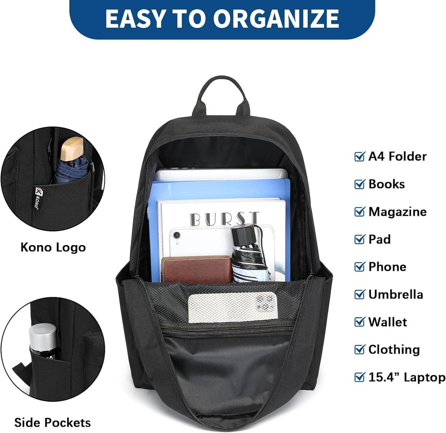 Schulrucksack College-Rucksack, leichte Schultasche für 15,4-Zoll-Laptop, Schwarz
