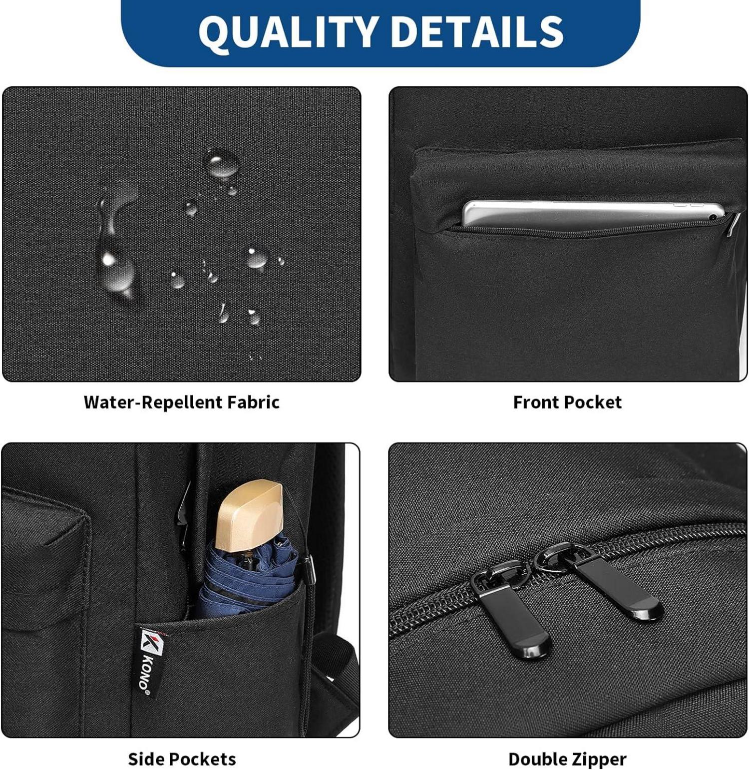 Schulrucksack 15,4-Zoll-Laptop, leicht, wasserabweisend, Schwarz