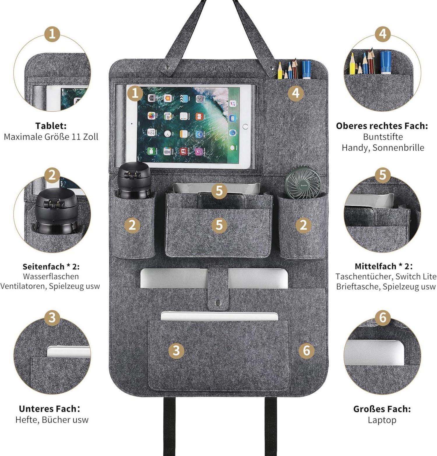 Auto Rückenlehnenschutz Organizer Tablet Aufbewahrung Grau