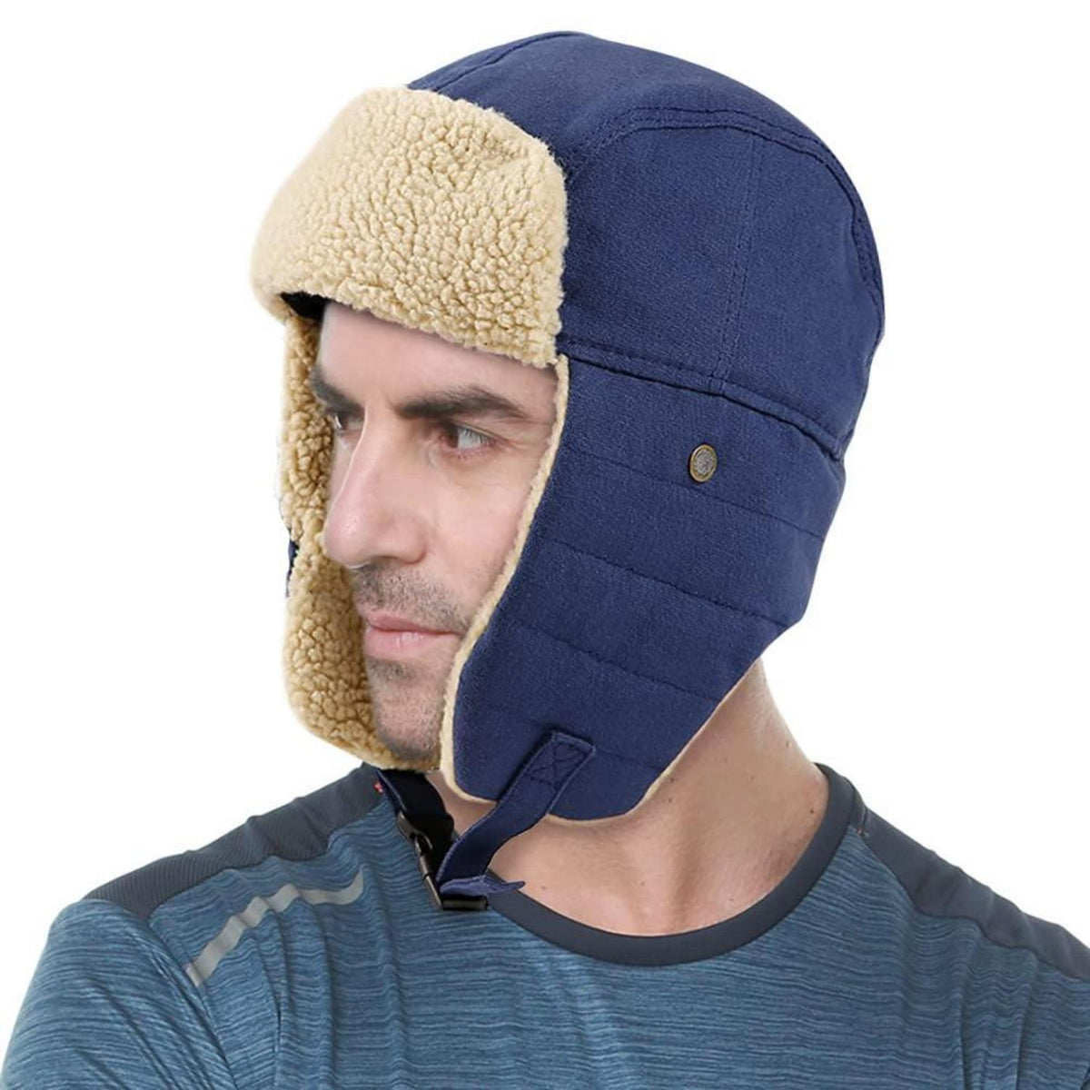 Herren Wintermütze mit Ohrenklappen in Lederoptik, blau