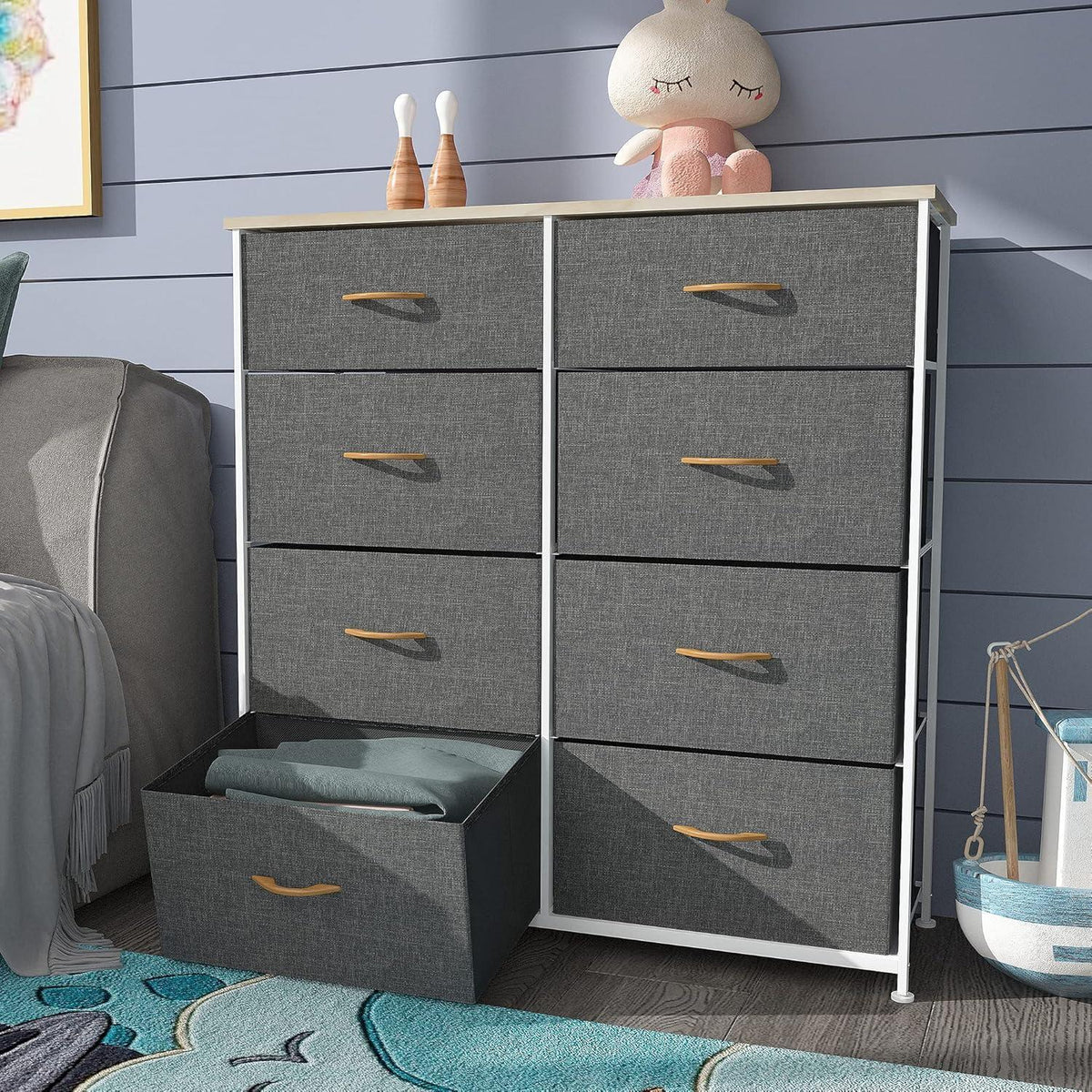 8 Schubladen Stoffkommode Grau Modern mit Holzplatte