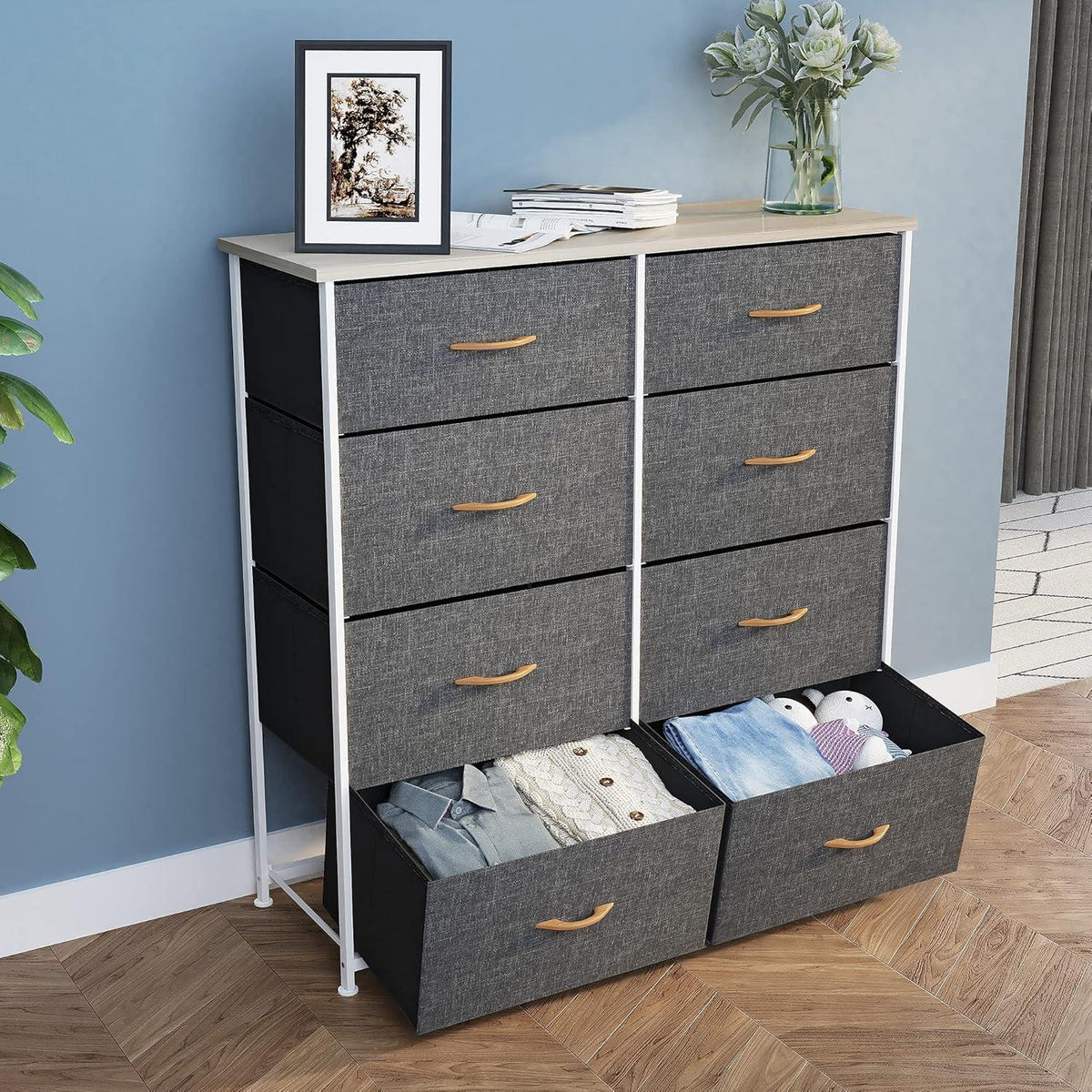 8 Schubladen Stoffkommode Grau Modern mit Holzplatte