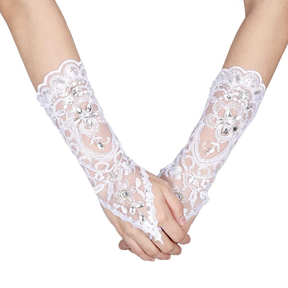 Spitzenhandschuhe Damen Weiß Fingerlos für Ball & Hochzeit