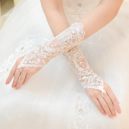 Spitzenhandschuhe Damen Weiß Fingerlos für Ball & Hochzeit