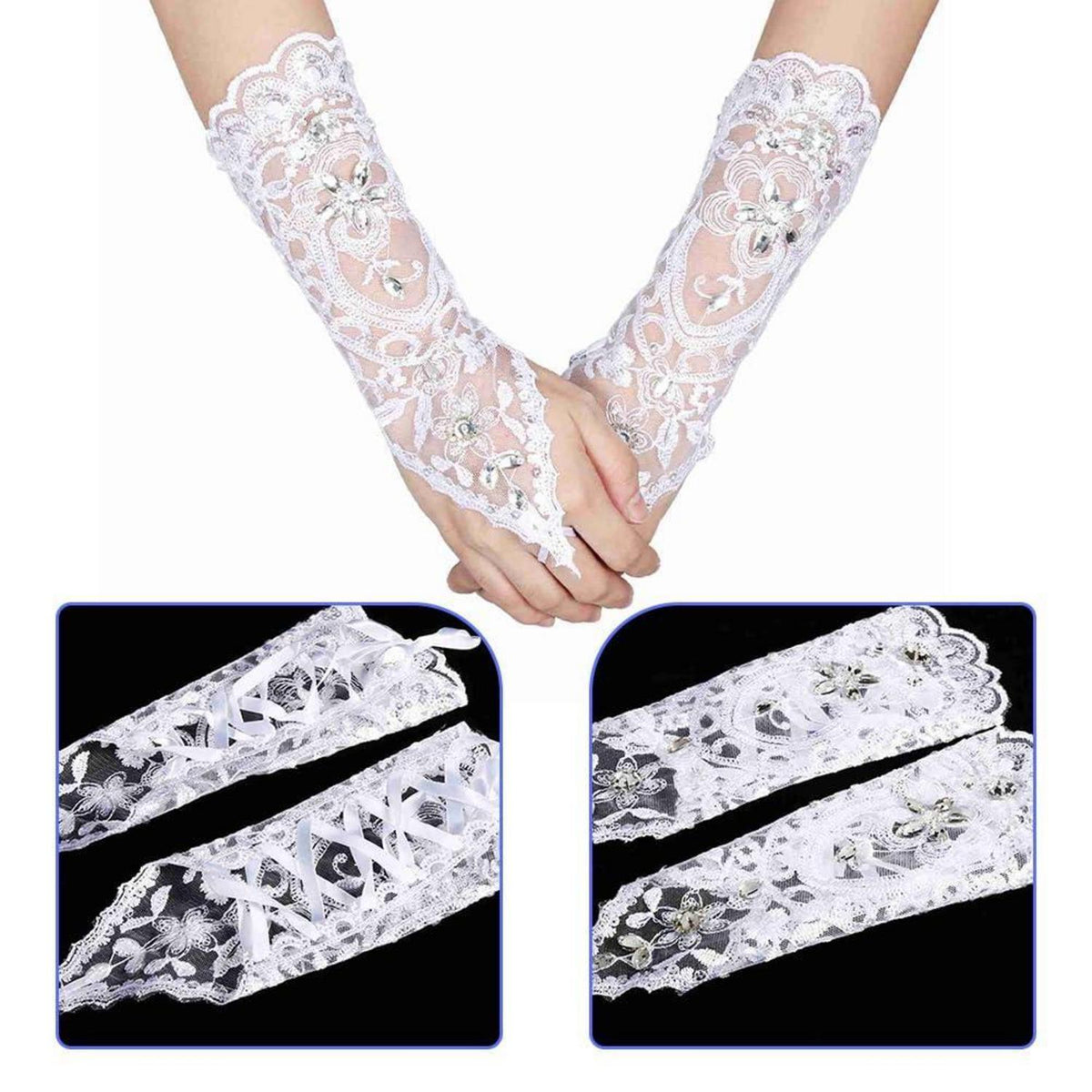 Spitzenhandschuhe Damen Weiß Fingerlos für Ball & Hochzeit
