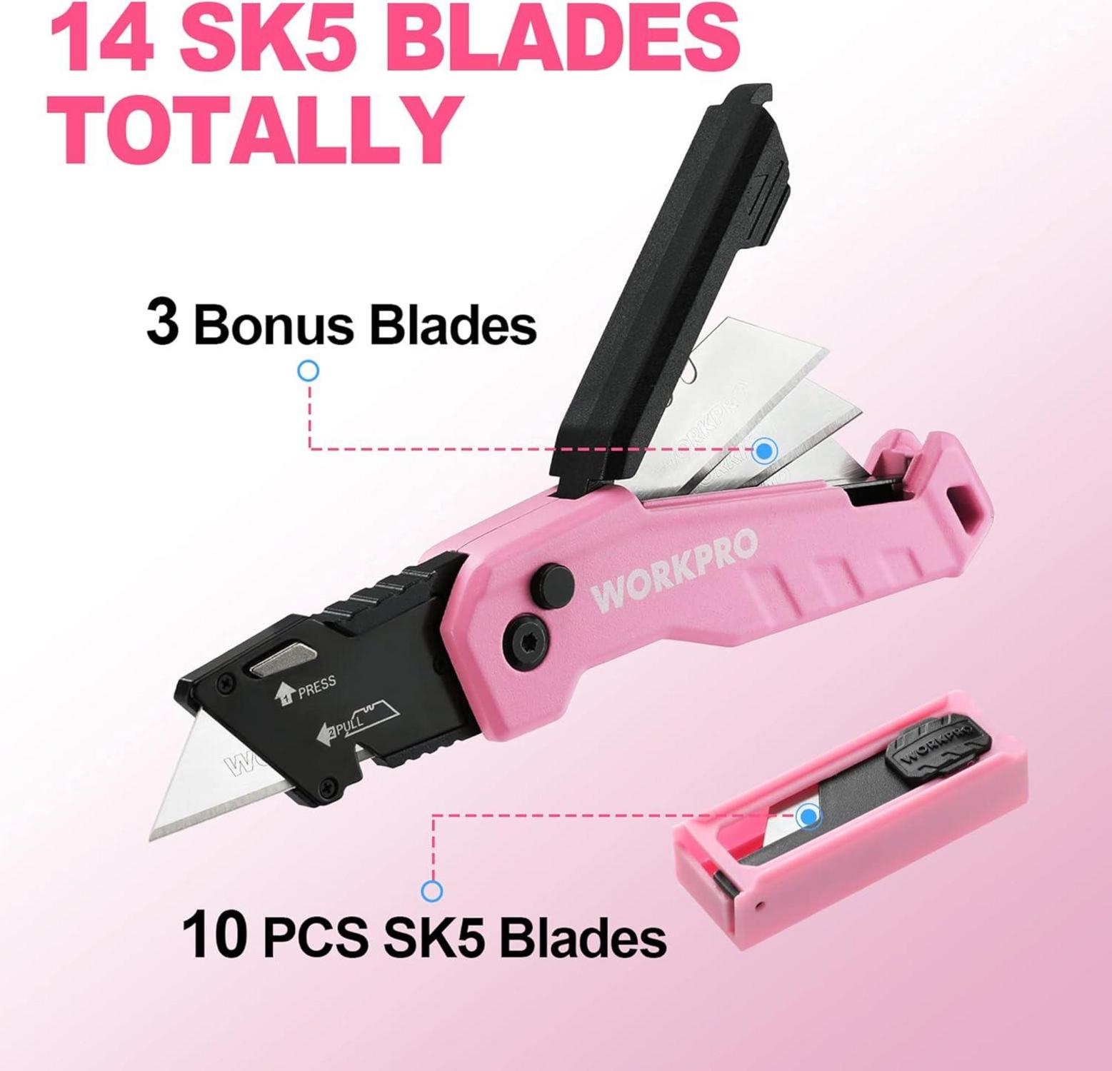 WORKPRO Teppichmesser Rosa mit Schnellwechselklinge und Gürtelclip, inkl. 13 Klingen