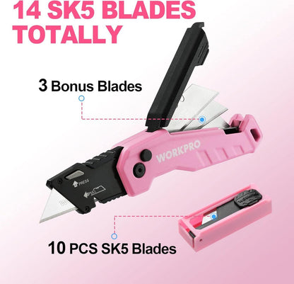 WORKPRO Teppichmesser Rosa mit Schnellwechselklinge und Gürtelclip, inkl. 13 Klingen