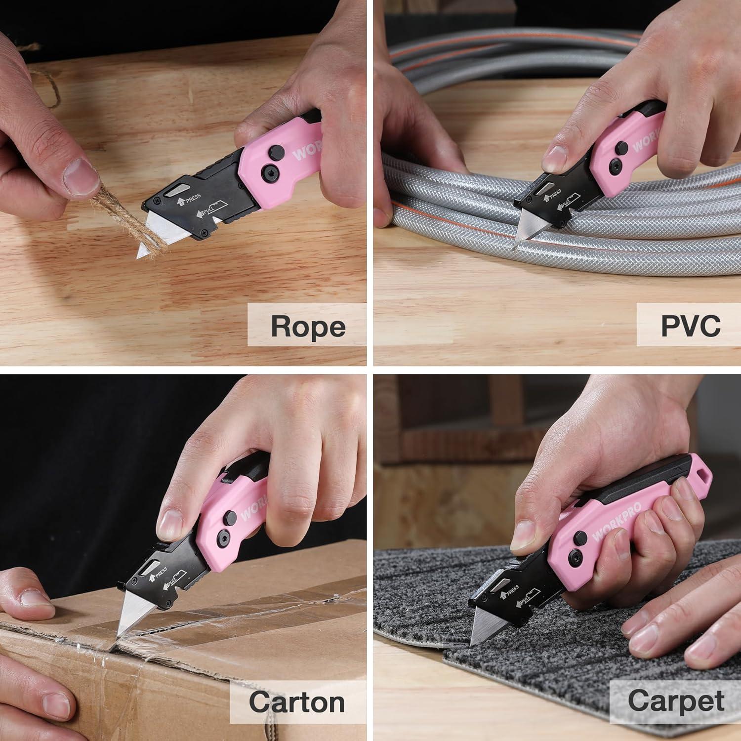 WORKPRO Teppichmesser Rosa mit Schnellwechselklinge und Gürtelclip, inkl. 13 Klingen