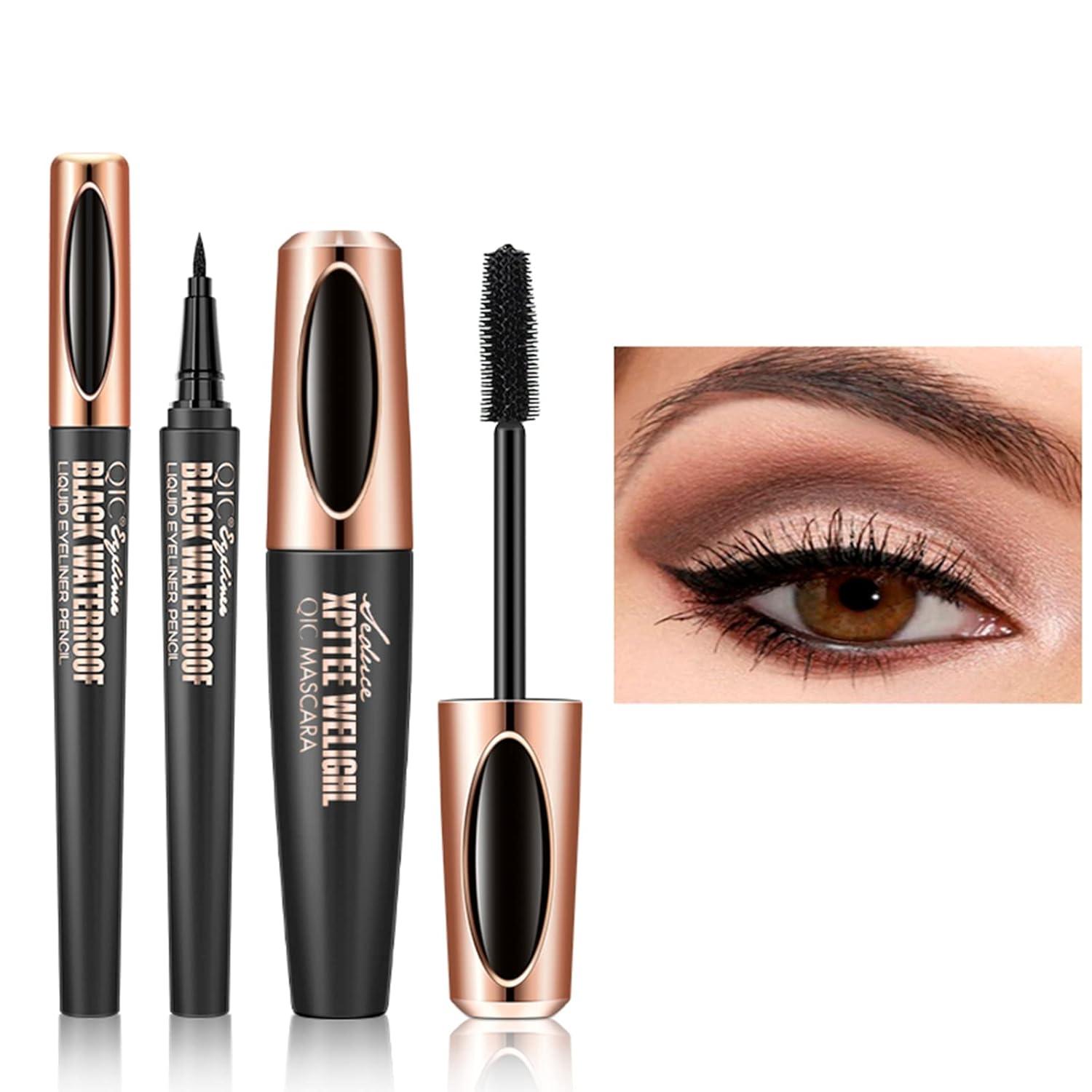 4D Waterproof Mascara with Silk Fiber & Black Eyeliner