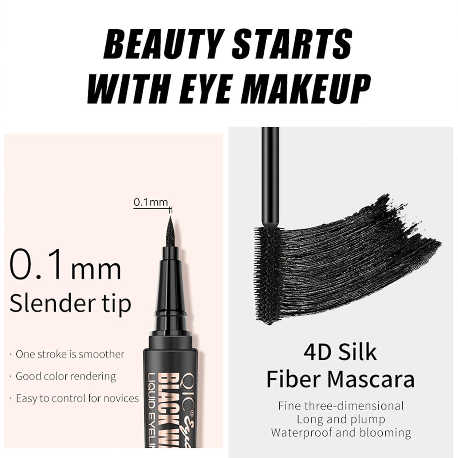 4D Waterproof Mascara with Silk Fiber & Black Eyeliner