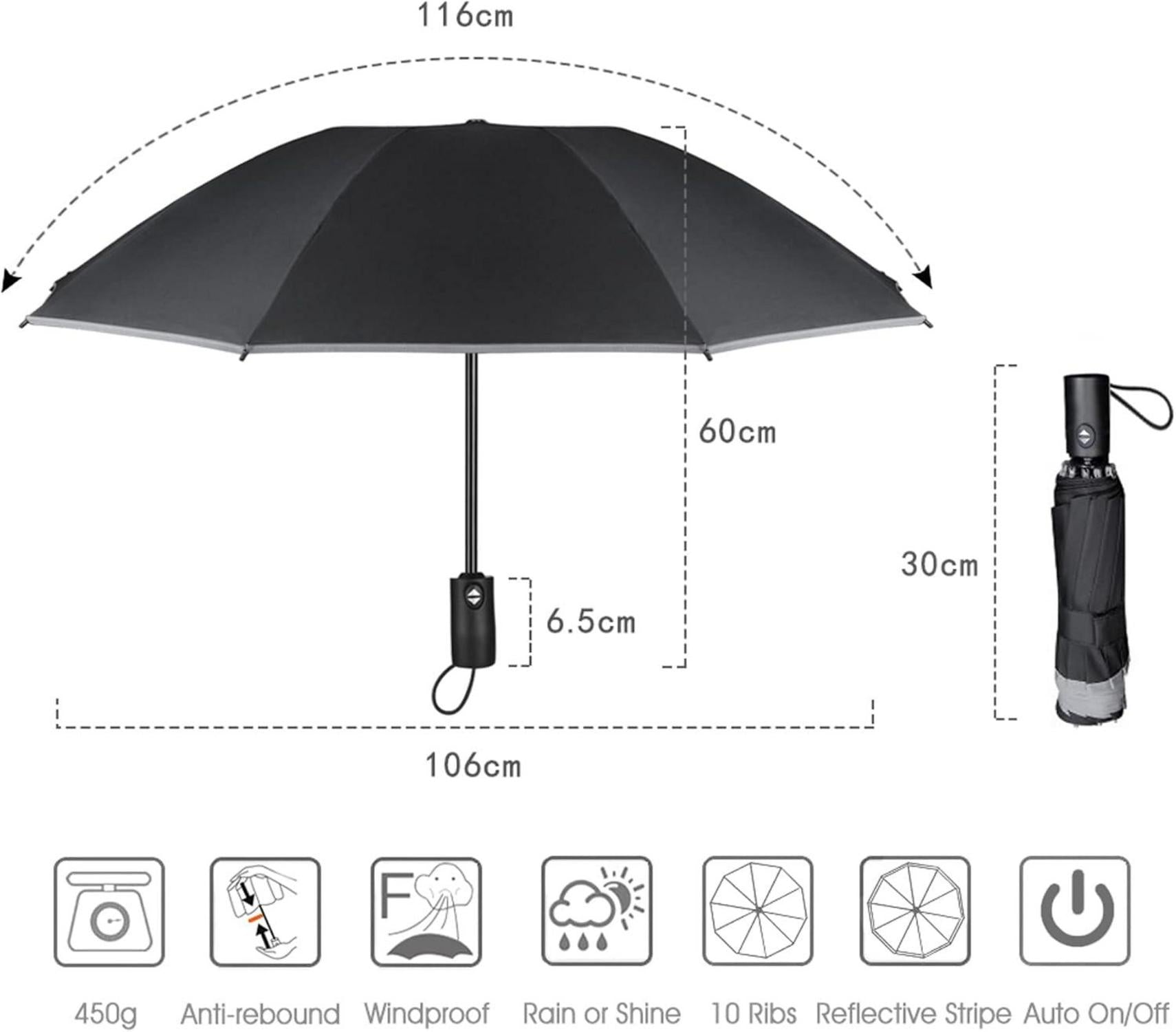 Automatik Faltbarer Regenschirm Sturmfest Taschenschirm 360° reflektierend Schwarz