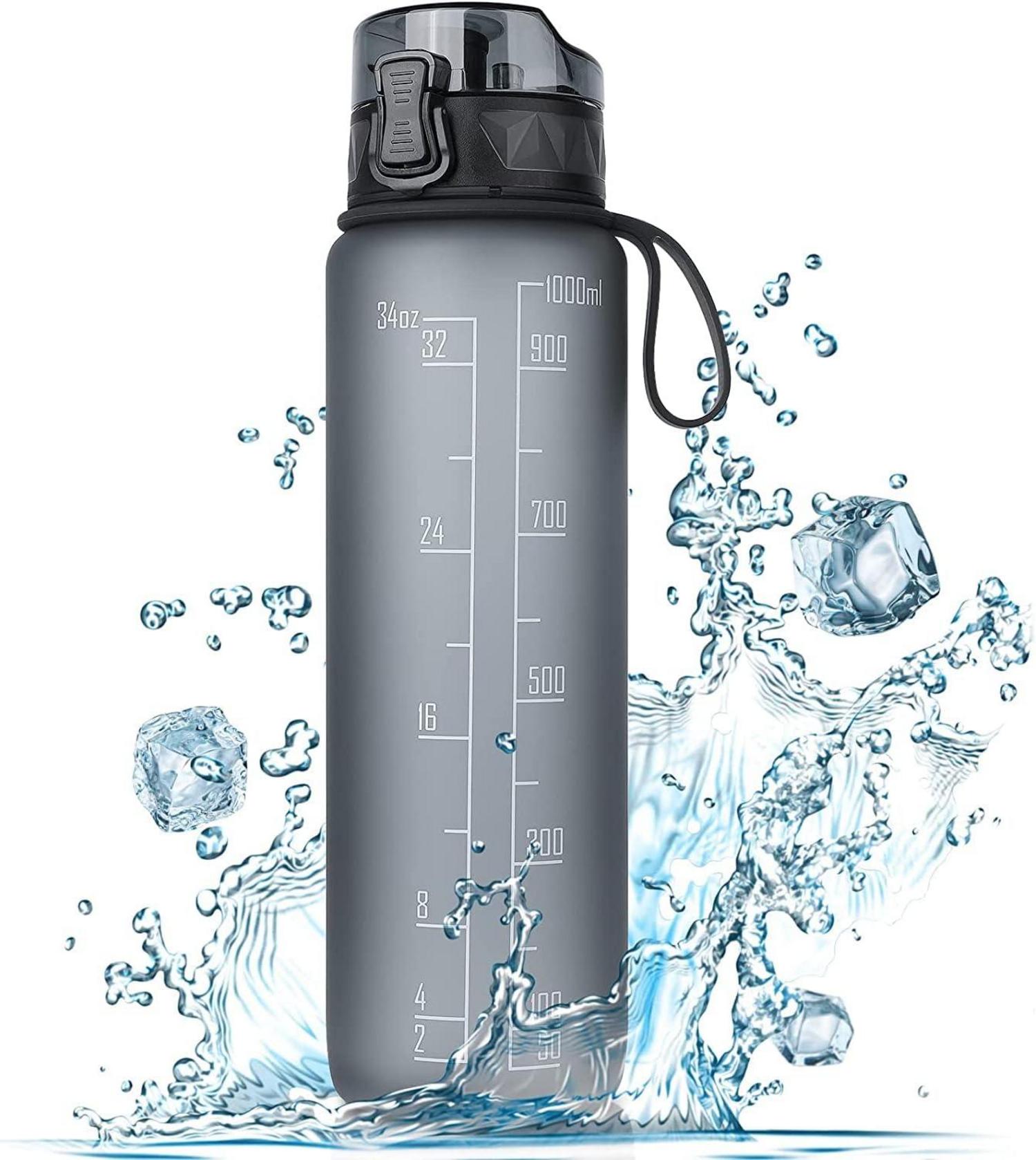 Trinkflasche Sport 1L BPA Frei rutschfest Gummi Griff Grau