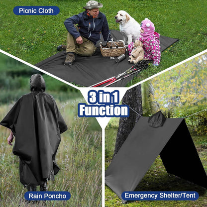 Flintronic Wasserdichter Regenponcho 3-in-1 für Herren Damen - Schwarz
