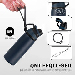 Sport Wasserflasche Edelstahl Magnetischer Deckel BPA-frei 1L 800ml