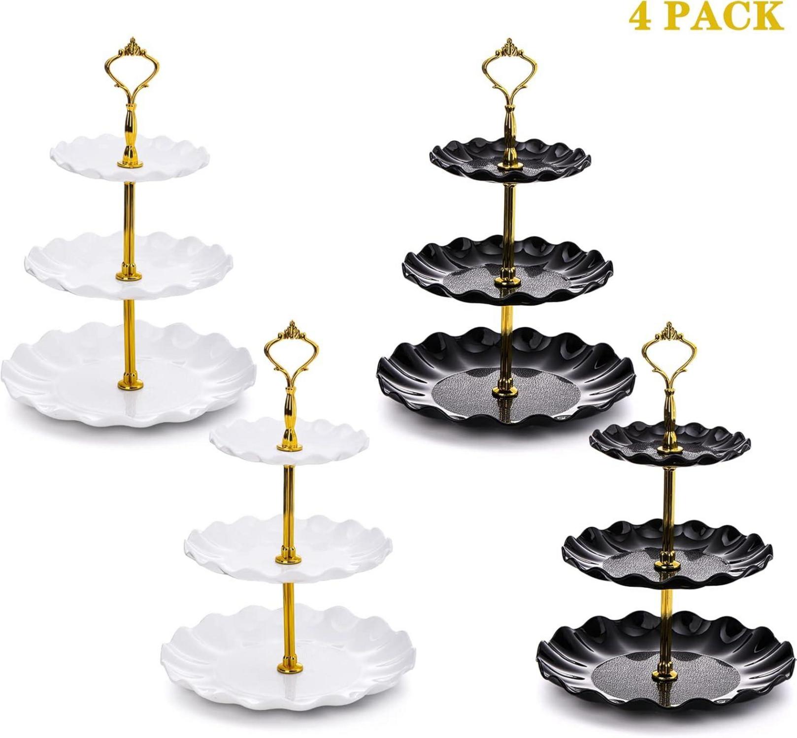 4er Set 3-stöckige Cupcake Dessert Ständer Plastik Schwarz Weiß Gold