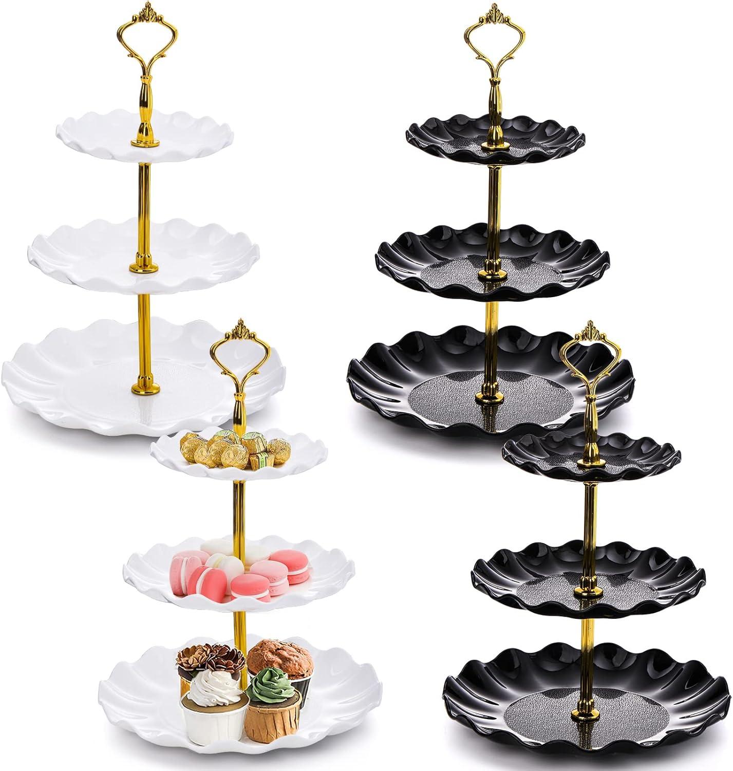 DEAYOU 4 Pack 3 Tier Cupcake Dessert Ständer Set Schwarz Wei 3 Ebenen Plastikgebäck Gebäck Display für Party Hochzeit Buffet