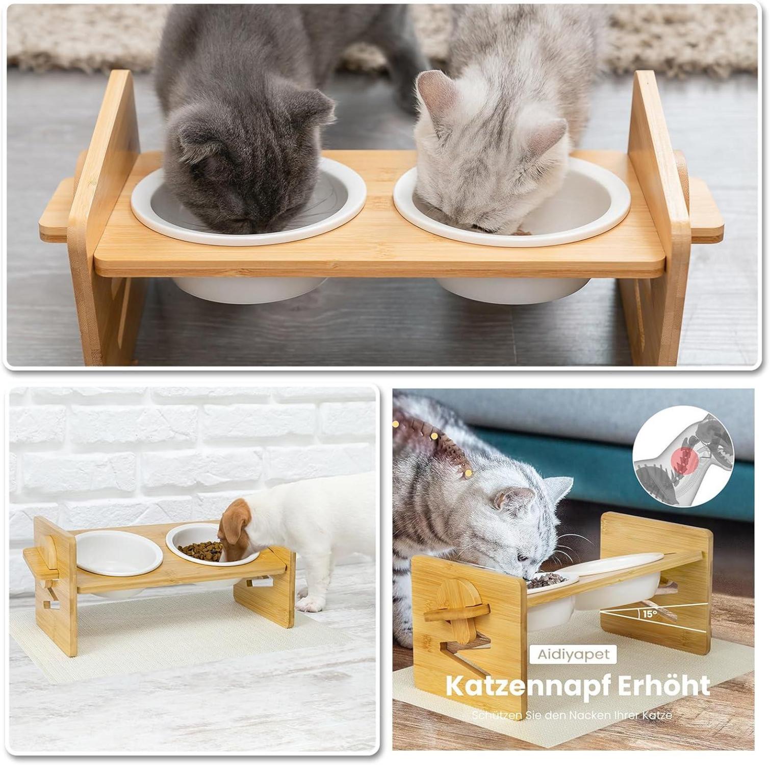 Katzennapf erhöht Keramik Futternapf 15° Neigung mit Bambusgestell