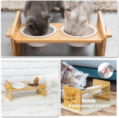 Katzennapf erhöht Keramik Futternapf 15° Neigung mit Bambusgestell