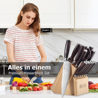 Messerblock Set 14-teilig Edelstahl Holzblock Profi Küchenmesser