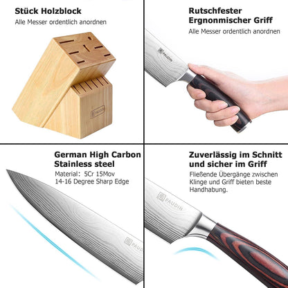 Hochwertiges PAUDIN 14tlg. Messerblock Set aus Edelstahl mit Holzblock