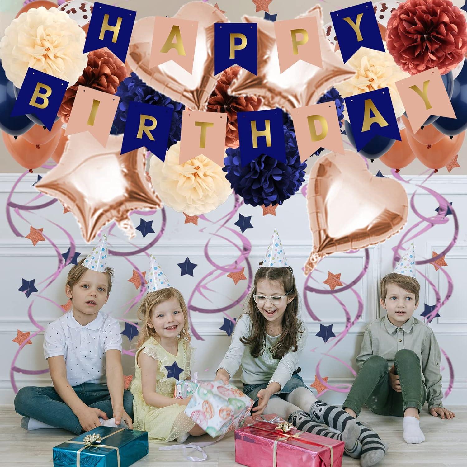 ZERODECO Geburtstagsdeko Mädchen Rosegold Marineblau Partyset 48-teilig
